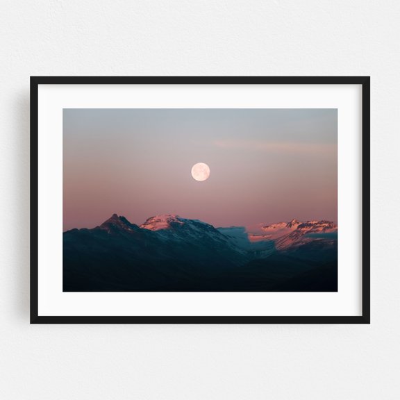 Lunar Embrace - Iceland Photography Moon Night Sky Mountain Landscape Nature Scenic Pastel Black Framed Wall Art Print 5 x 7 inches