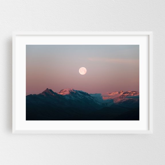 Lunar Embrace - Iceland Photography Moon Night Sky Mountain Landscape Nature Scenic Pastel White Framed Wall Art Print 5 x 7 inches