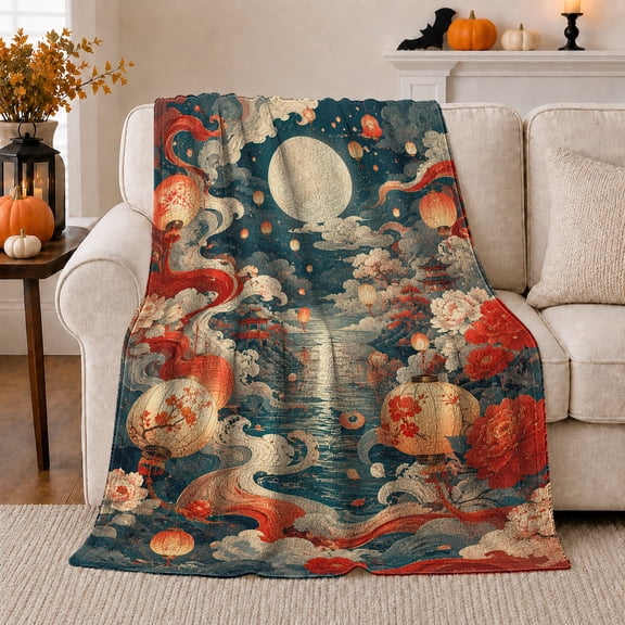 Lunar Festival Night Scene Glowing, Festive Celestial Art Scene, Warm Flannel Blanket for Home Library and Reading Nook, Celestial Art Lovers Housewarming Gift, Festive Home Decor
