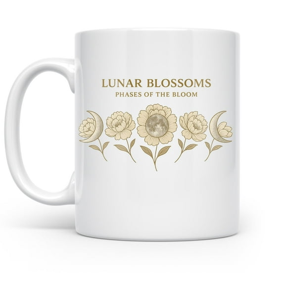 Lunar Floral Serenity 11 oz Coffee Mug - Pastel Moon Design White Ceramic Gift