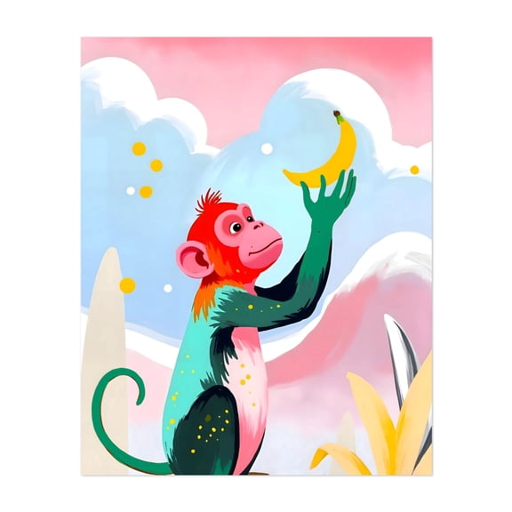 Lunar Harvest: A Monkey's Celestial Cravings - Painting Animal Whimsical Illustration Surrealism Modern Art Tropical Fruit Unframed Wall Art Print 16 x 20 inches