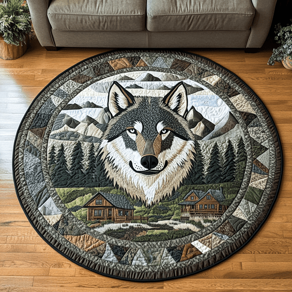 Lunar Howl Quilted Round Mat, 3D Optical Illusion Wolf Rug, Moonlit Howling Wolf Floor Mat, Wildlife Lover Gift, Indoor Outdoor Area Rug