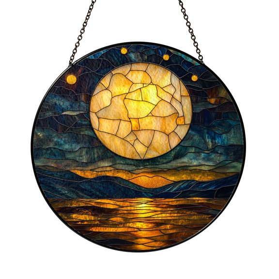 Lunar Lake Reflection Glass Suncatcher Window Hanging, Decorative Stained Glass Style Art