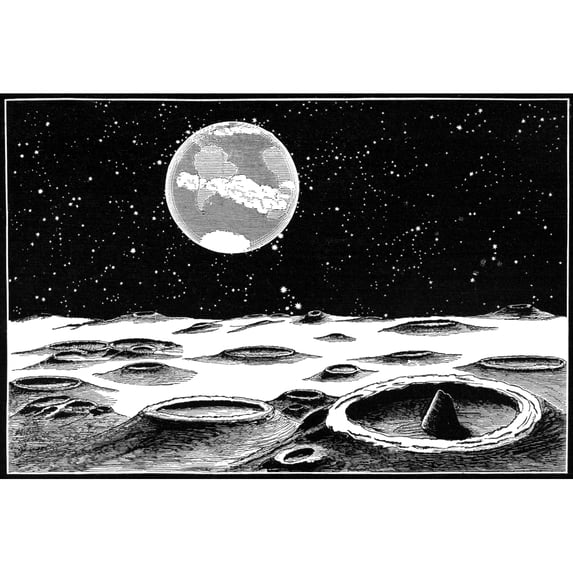 Lunar Landscape 1873. Nthe 'Full' Earth Seen From The Surface Of The Moon. Wood Engraving American 1873. Print by