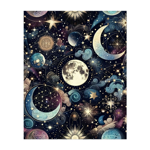 Lunar Magic - Illustration Space Cosmic Stars Moon Night Sky Astronomy Mystical Unframed Wall Art Print 12 x 16 inches