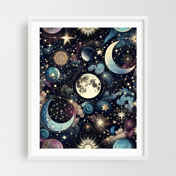 Lunar Magic - Illustration Space Cosmic Stars Moon Night Sky Astronomy Mystical White Framed Wall Art Print 9 x 12 inches