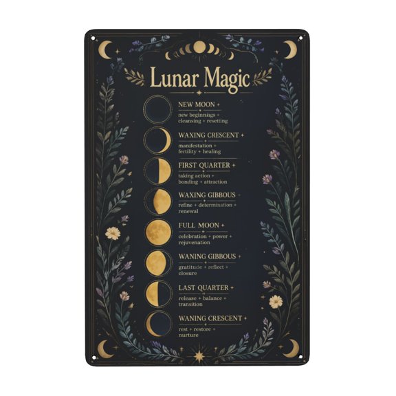 Lunar Magic Iron Wall Decor Sign - 8x12 Inch Moon Phase Chart Decor