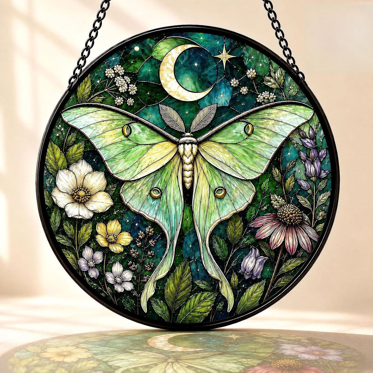 Lunar Moth Celestial Stained Glass Window Hanging Handcrafted Design ...