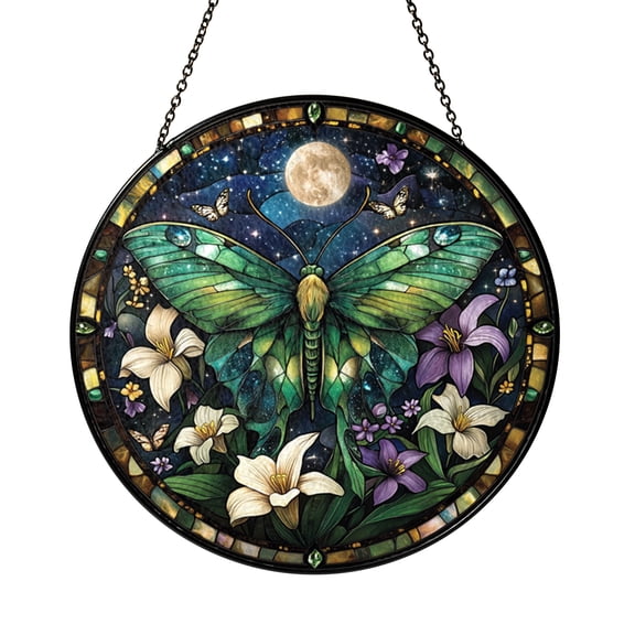 Lunar Moth Stained Glass Suncatcher Window Hanging Decor, Celestial Moon Moth Sun Catcher Panel for Home Window Decoration, Night Sky Inspired Decorative Art Gift