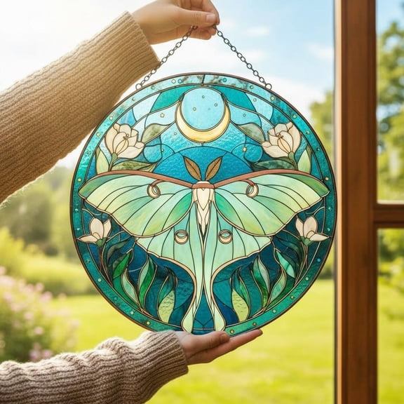 Lunar Moth and Moon Window Glass Suncatcher, Celestial Nature Decor Panel, Mystical Moth Art, Unique for Moon Lovers, 3.5 in