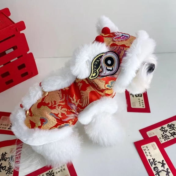Lunar New Year Dog Dance Coat Winter Warm Pet Jacket • Polyester Fleece Festive Chinese Style Embroidered Outfit • Small Medium Dogs Cats S-XL