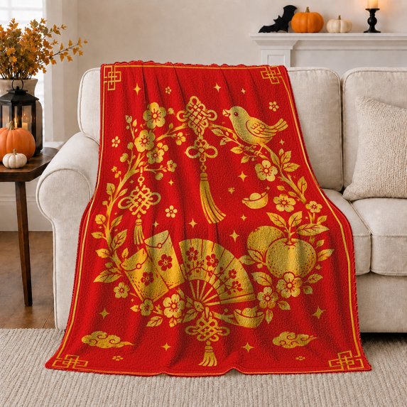 Lunar New Year Festive Red Floral Bird Art, Festive Holiday Scene, Warm Flannel Blanket for Living Room and Reading Nook, Art Lovers Friendship Gift, Festive Home Decor