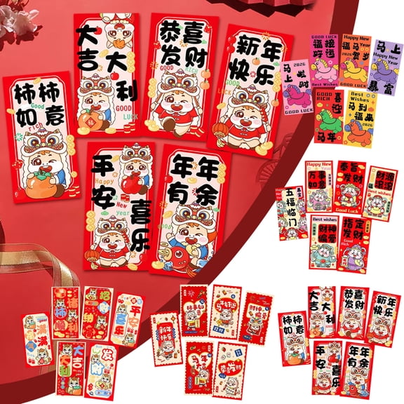 Lunar New Year Red Envelopes Auspicious Horse Design | 6 Pack | Classic Red Gold Chinese Hongbao | Thick Tear-Resistant Paper, Safe Non-Toxic Ink | Large Size Fits Cash, Banknotes | Festive Gift