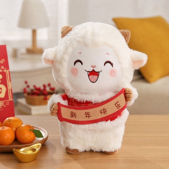 Lunar New Year Sheep Plush Toy with Red Traditional Outfit and Happy New Year Banner, 1-Pack, White and Red, for Kids And, Stuffed Animal