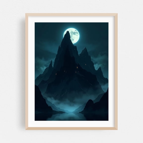 Lunar Peaks over Misty Waters - Digital Art Moon Mystical Night Sky Mountain Scenic Fantasy Landscape Oak Framed Wall Art Print 5 x 7 inches