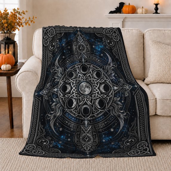 Lunar Phase Mandala With Ornate Interlaced Border, Soft Flannel Blanket with Ornate Celestial Geometry Print, Housewarming Gift and Home Decor for Bedroom and Living Room