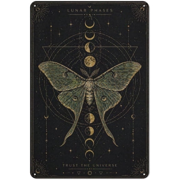 Lunar Phases and Moth Occult Art Print, Vintage Celestial Moon Cycle Diagram Wall Decor, Gold Ink Witchy Dark Academia Poster