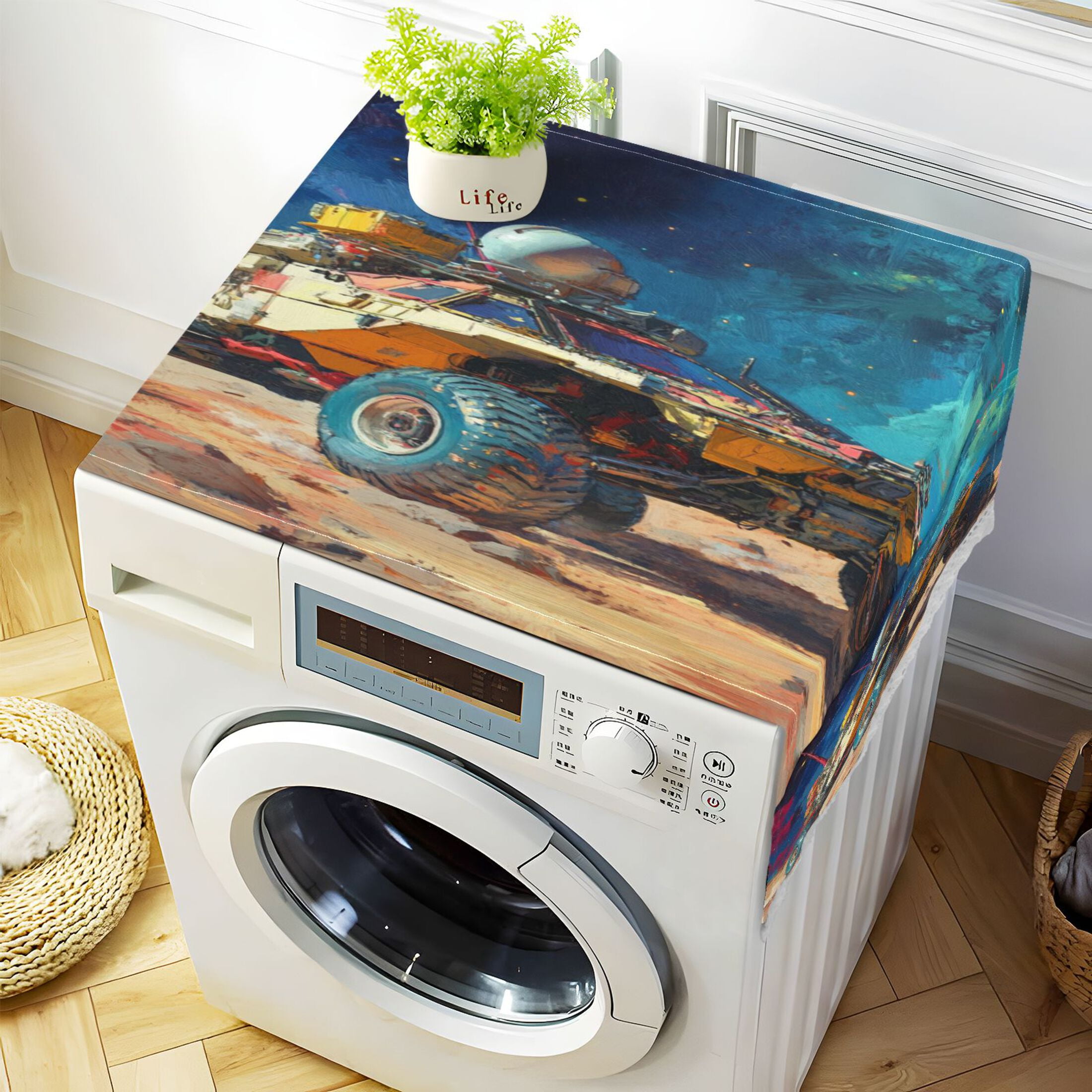Lunar Reconnaissance VehicleWasher and Dryer Covers Dust-Proof and Oil Resistant Fridge Cover with 4 Storage Pockets Washing Machine Top Cover for Laundry Kitchen Home 51.2 x 22 In