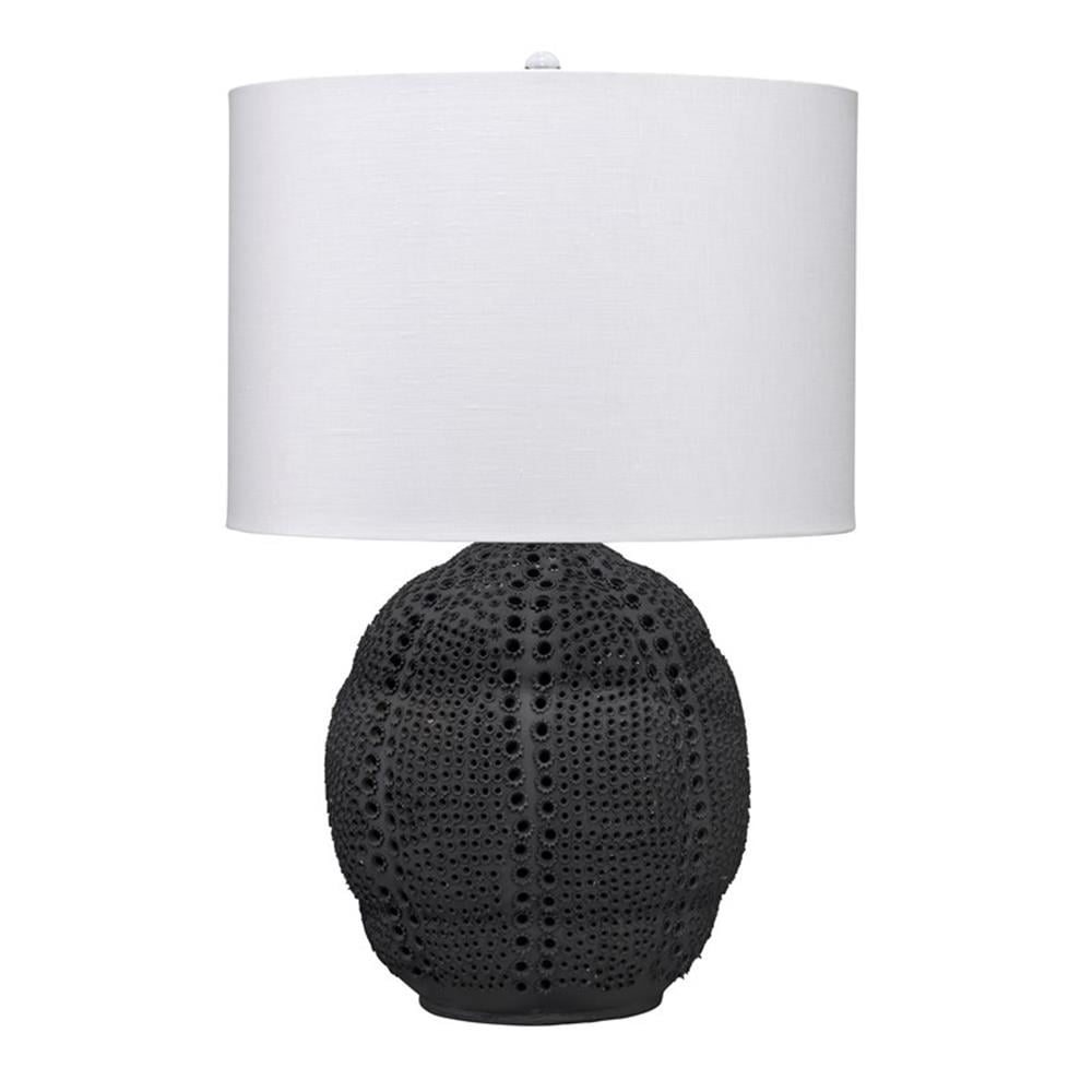 Matte Black Porcelain Table Lamp with White Linen Drum Shade