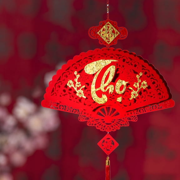 Lunar Year Decorations, 2024 Blessing Tassel Paper Fan Ornament, Premium Flocking Fabric Red Hanging Decoration for Spring Festival Home Mall Street