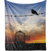 Lunarable Barbed Wire Throw Blanket, Escaped Bird on Barbed Wire Birdcage Sparrow Freedom Meadow at Sunset, Flannel Fleece Accent Piece Soft Couch Cover for Adults, 60" x 80", Orange Black