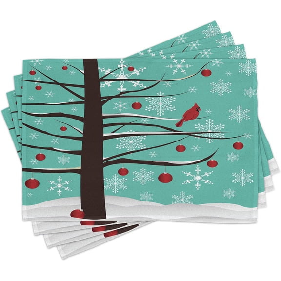 Lunarable Cardinal Place Mats Set of 8, Winter Illustration with Snowflakes and Red Bird Resting on a Tree Branch, Washable Fabric Placemats for Dining Table, Placemat 8 pcs, Teal Green