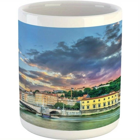 Lunarable Mug Landscape from France Lyon Scenery Tourism Exploration Travel Guide Cityscape Ceramic Coffee Mug Cup Tea Drinks 11 oz Violet Green