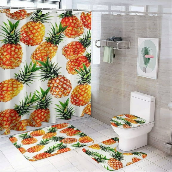 Lunarable Pineapple 4 Pcs Shower Curtain Set with Rug Bathroom Sets with Waterproof Fabric And Non-Slip Rugs Toilet Lid Cover Bath Mat Decor with Hooks