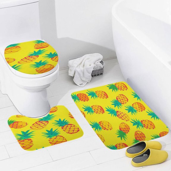 Lunarable Pineapple Bathroom Mats Set 3-piece Bath Mats , Floor Rug Decorations for Kitchen Bathroom Bedroom
