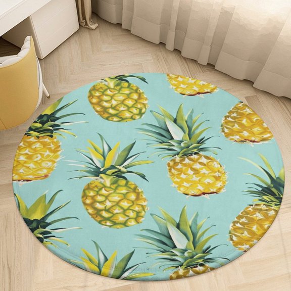 Lunarable Pineapple Floral Medallion Round Rug - Small Round Area Rug, Soft Non-Slip Machine Washable Bedroom Mat Indoor Accent Entry Carpet for Office Desk Dorm Hallway