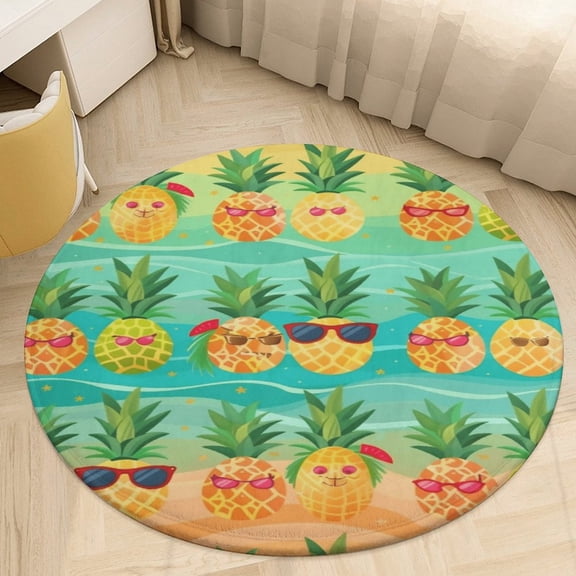 Lunarable Pineapple Floral Medallion Round Rug - Small Round Area Rug, Soft Non-Slip Machine Washable Bedroom Mat Indoor Accent Entry Carpet for Office Desk Dorm Hallway