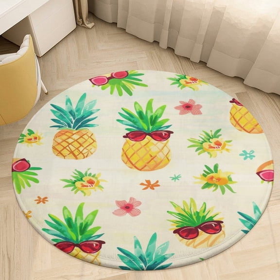 Lunarable Pineapple Floral Medallion Round Rug - Small Round Area Rug, Soft Non-Slip Machine Washable Bedroom Mat Indoor Accent Entry Carpet for Office Desk Dorm Hallway