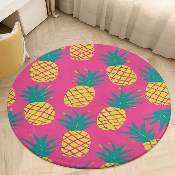 Lunarable Pineapple Floral Medallion Round Rug - Small Round Area Rug, Soft Non-Slip Machine Washable Bedroom Mat Indoor Accent Entry Carpet for Office Desk Dorm Hallway