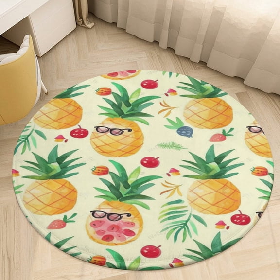 Lunarable Pineapple Floral Medallion Round Rug - Small Round Area Rug, Soft Non-Slip Machine Washable Bedroom Mat Indoor Accent Entry Carpet for Office Desk Dorm Hallway