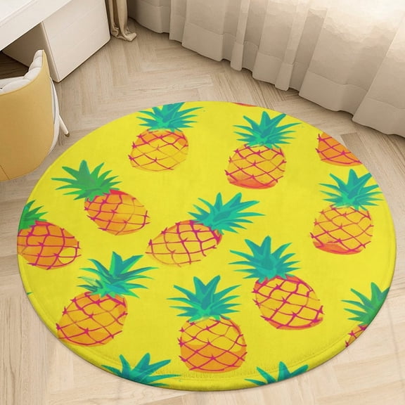 Lunarable Pineapple Washable Round Rug -Circle Area Rugs for Nursery Bedroom, Vintage Non Slip Non Shedding Low Pile Carpet for Living Room Coffee Table Entryway