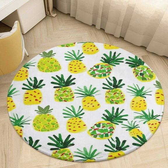 Lunarable Pineapple Washable Round Rug -Circle Area Rugs for Nursery Bedroom, Vintage Non Slip Non Shedding Low Pile Carpet for Living Room Coffee Table Entryway
