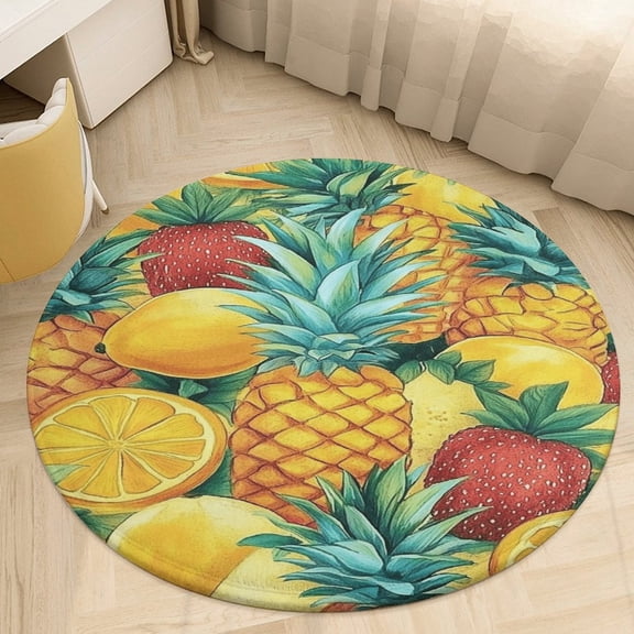 Lunarable Pineapple Washable Round Rug -Circle Area Rugs for Nursery Bedroom, Vintage Non Slip Non Shedding Low Pile Carpet for Living Room Coffee Table Entryway