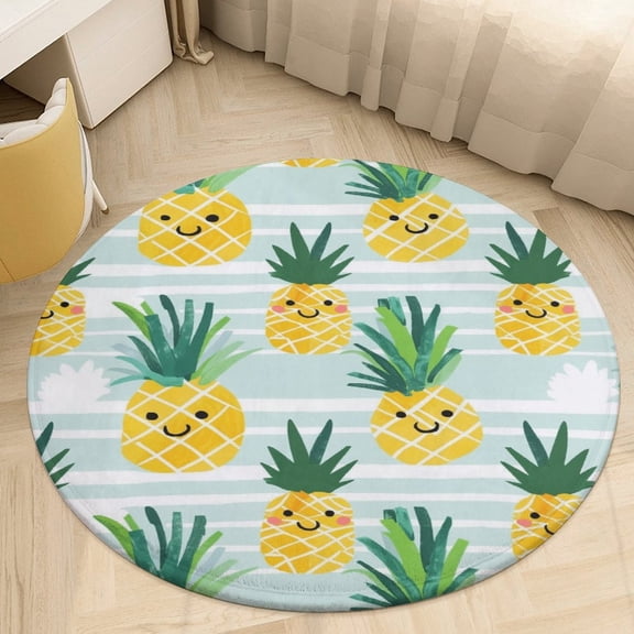 Lunarable Pineapple Washable Round Rug -Circle Area Rugs for Nursery Bedroom, Vintage Non Slip Non Shedding Low Pile Carpet for Living Room Coffee Table Entryway