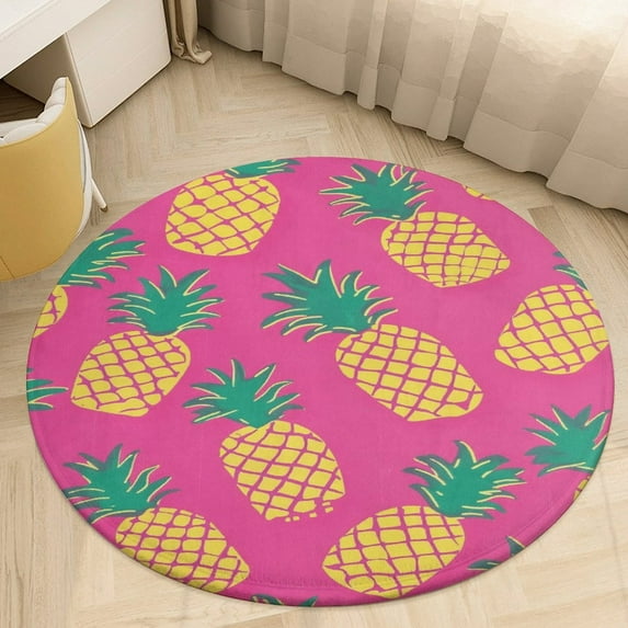 Lunarable Pineapple Washable Round Rug -Circle Area Rugs for Nursery Bedroom, Vintage Non Slip Non Shedding Low Pile Carpet for Living Room Coffee Table Entryway