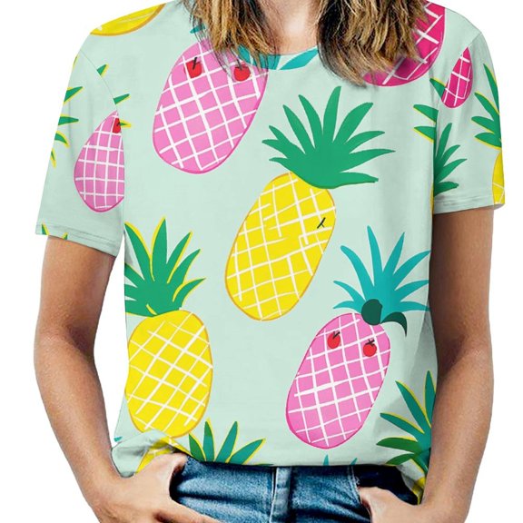 Lunarable Pineapple Women's Short Sleeve T-Shirt Crew Neck Casual Summer Trendy Loose Fit Tops