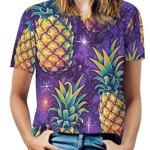 Lunarable Pineapple Women's Short Sleeve T-Shirt Crew Neck Casual Summer Trendy Loose Fit Tops