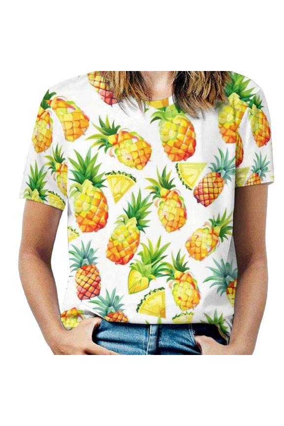 Lunarable Pineapple Womens Tops Women's Fashion Casual Short Sleeve Flower Print Round Neck Pullover Top Blouse