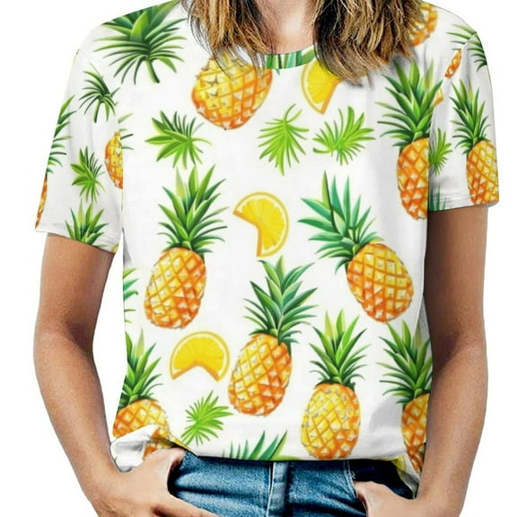 Lunarable Pineapple Womens Tops Women's Fashion Casual Short Sleeve Flower Print Round Neck Pullover Top Blouse