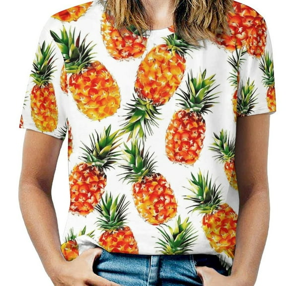 Lunarable Pineapple Womens Tops Women's Fashion Casual Short Sleeve Flower Print Round Neck Pullover Top Blouse