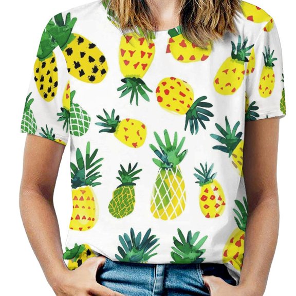 Lunarable Pineapple Womens Tops Women's Fashion Casual Short Sleeve Flower Print Round Neck Pullover Top Blouse