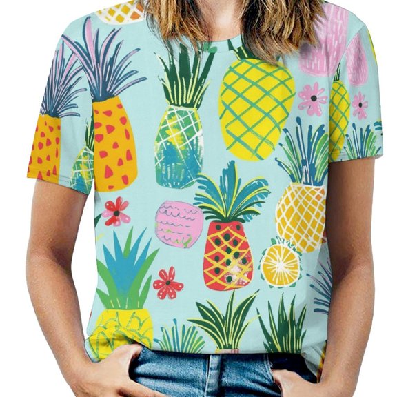 Lunarable Pineapple Womens Tops Women's Fashion Casual Short Sleeve Flower Print Round Neck Pullover Top Blouse
