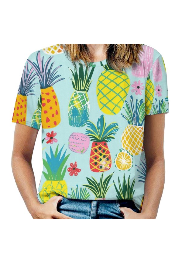 Lunarable Pineapple Womens Tops Women's Fashion Casual Short Sleeve Flower Print Round Neck Pullover Top Blouse
