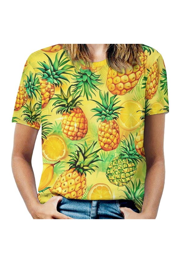 Lunarable Pineapple Womens Tops Women's Fashion Casual Short Sleeve Flower Print Round Neck Pullover Top Blouse