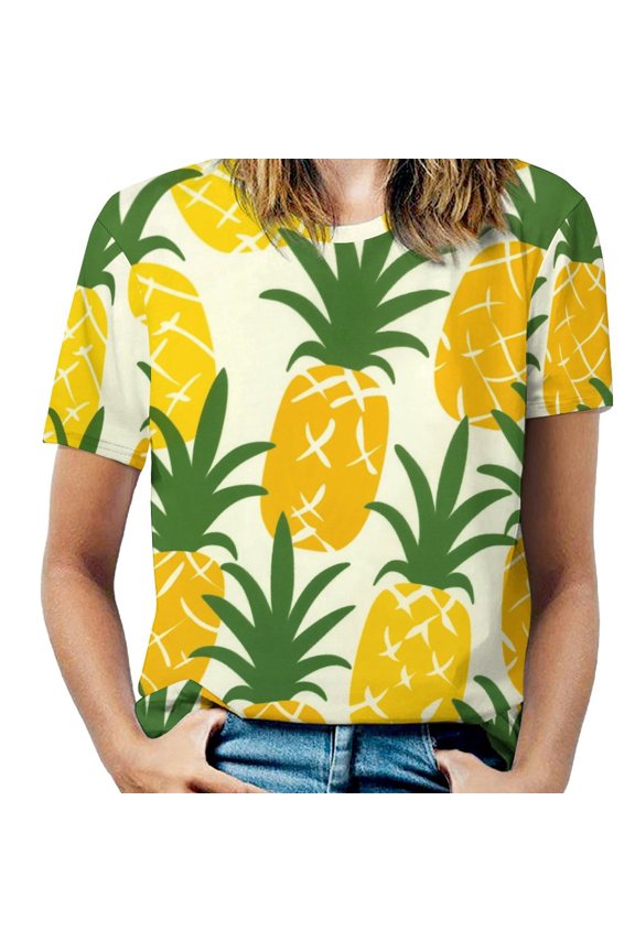 Lunarable Pineapple Womens Tops Women's Fashion Casual Short Sleeve Flower Print Round Neck Pullover Top Blouse