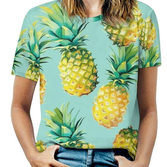 Lunarable Pineapple Womens Tops Women's Fashion Casual Short Sleeve Flower Print Round Neck Pullover Top Blouse